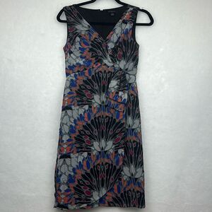 Banana Republic Faux Wrap Dress Sz 0 Black Gray Orange Floral Print Sleeveless